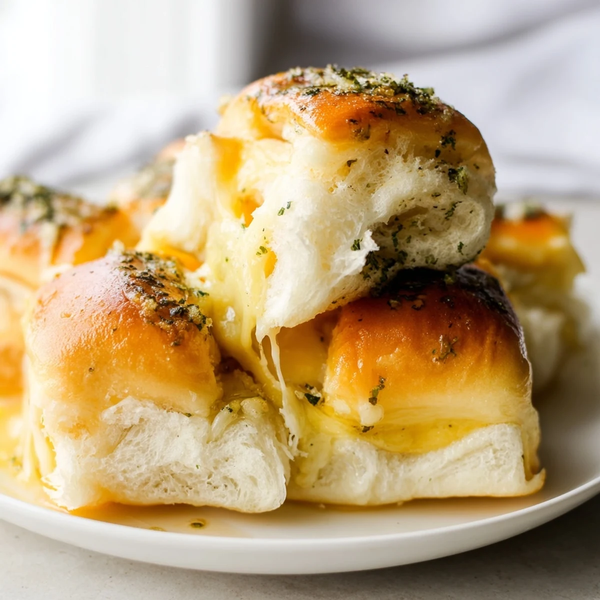 Crispy mini grilled cheese Hawaiian rolls sliced open to reveal gooey melted cheddar cheese inside