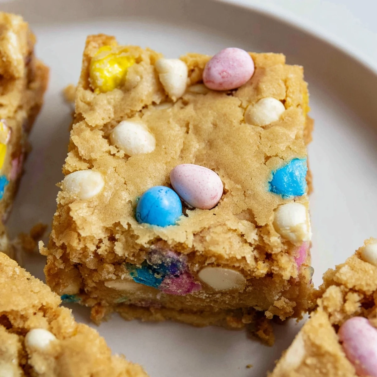Golden brown Mini Cadbury Easter Egg blondies topped with pastel chocolate eggs on rustic surface