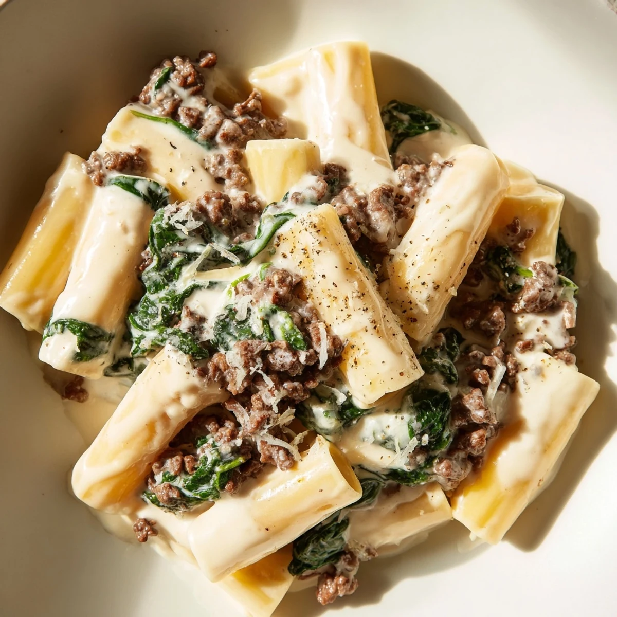 Creamy high protein beef pasta tossed in a velvety Parmesan sauce with wilted spinach