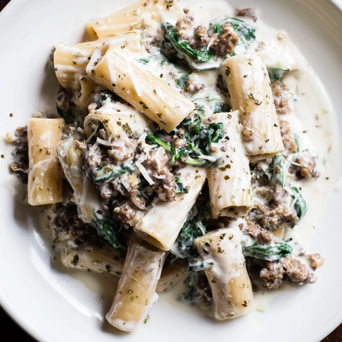 Steaming bowl of creamy high protein beef pasta garnished with fresh grated Parmesan cheese