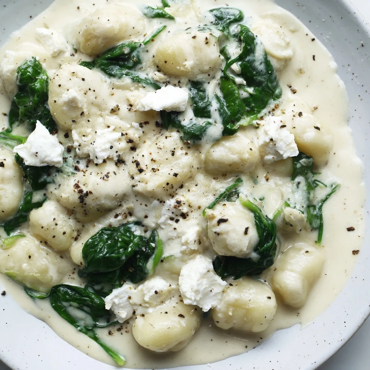 Creamy gnocchi with spinach and feta served in a white bowl with fresh pepper