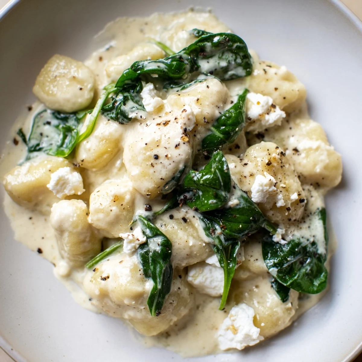 Tender potato gnocchi with spinach and feta glistening in a rich, velvety white sauce