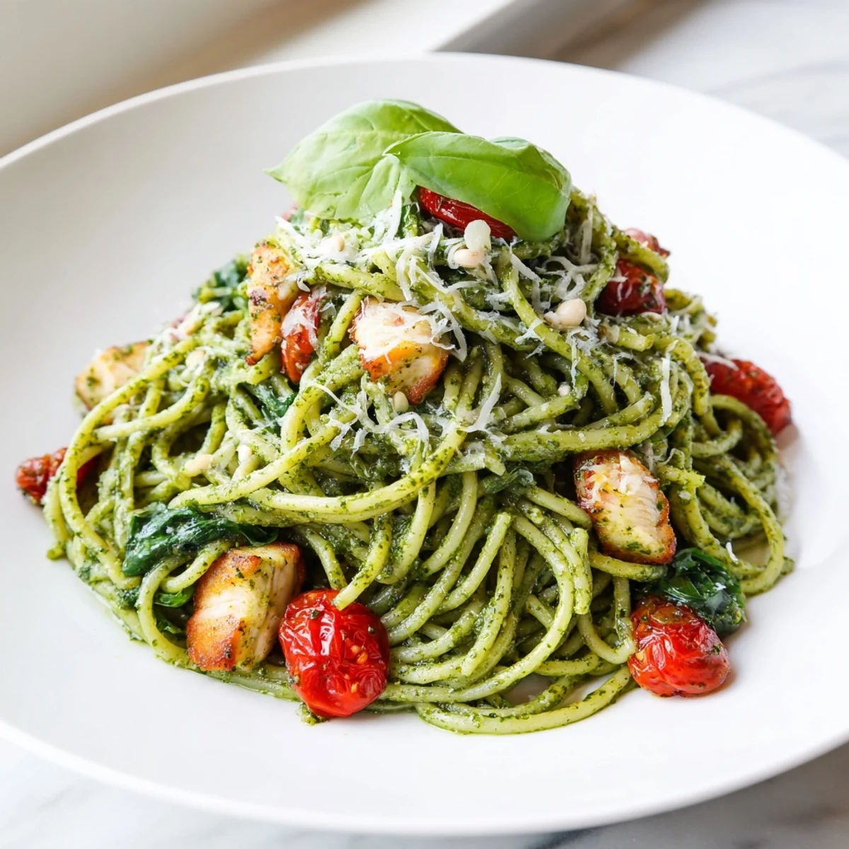 Creamy light pesto pasta with chicken topped with fresh basil leaves and Parmesan