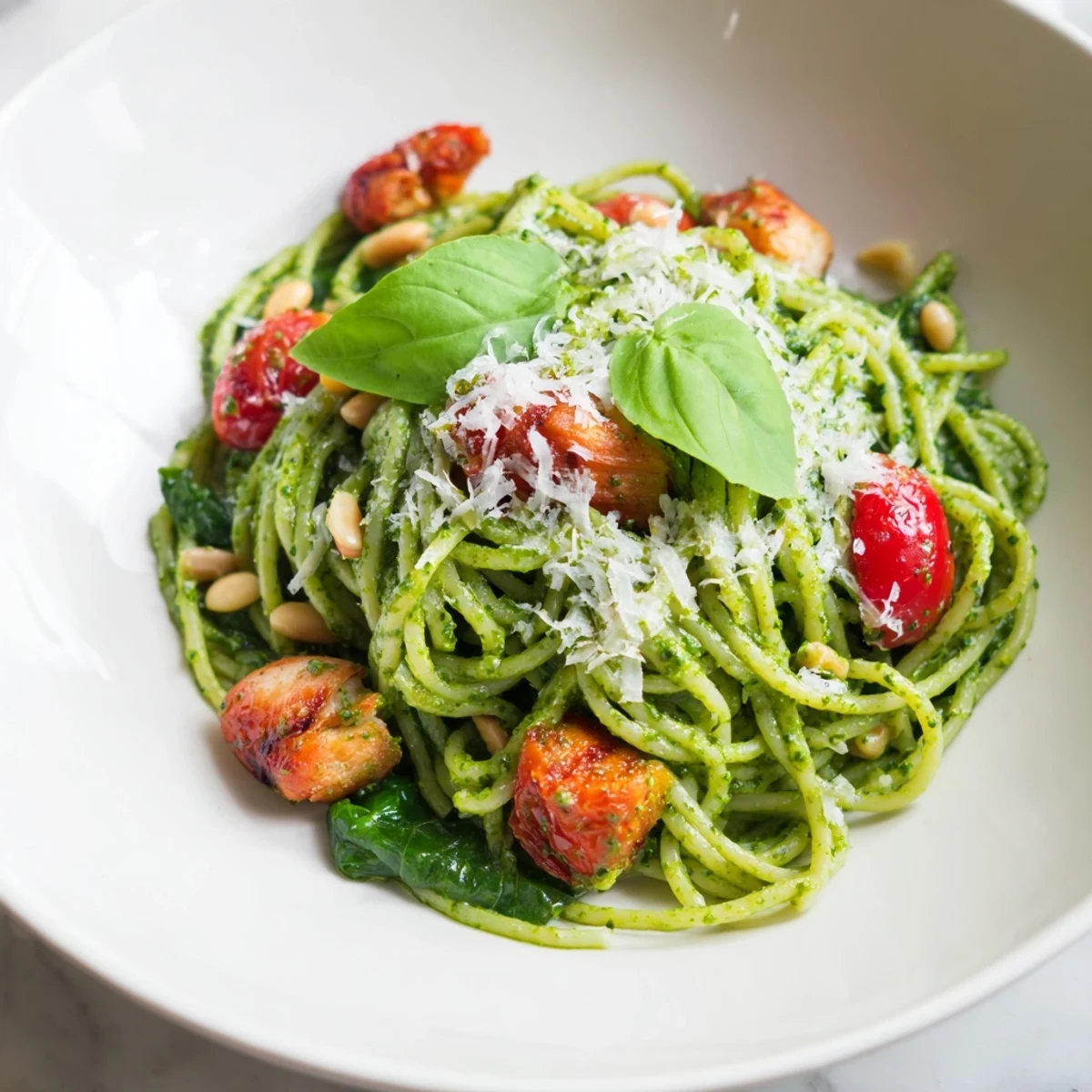 Tender golden chicken pieces tossed in light pesto pasta with vibrant green sauce