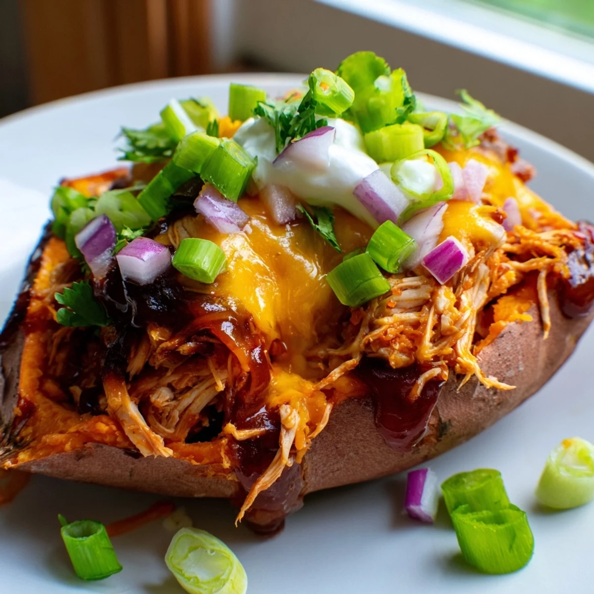 Tender roasted sweet potato split open and piled high with smoky BBQ chicken and melted cheddar cheese