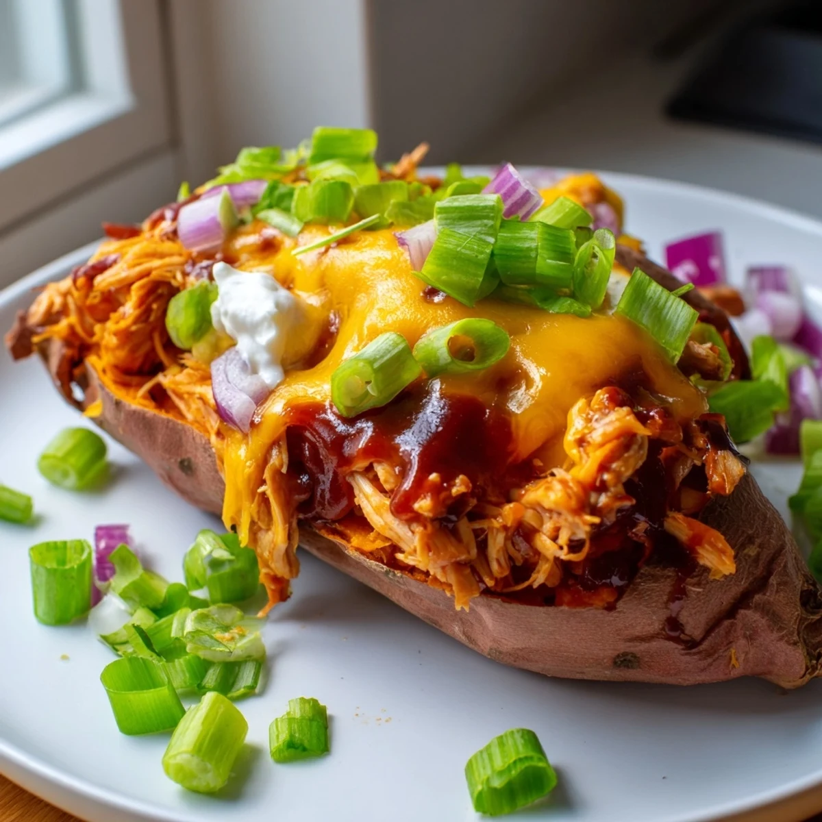 BBQ Chicken Stuffed Sweet Potatoes topped with green onions and a creamy dollop of sour cream