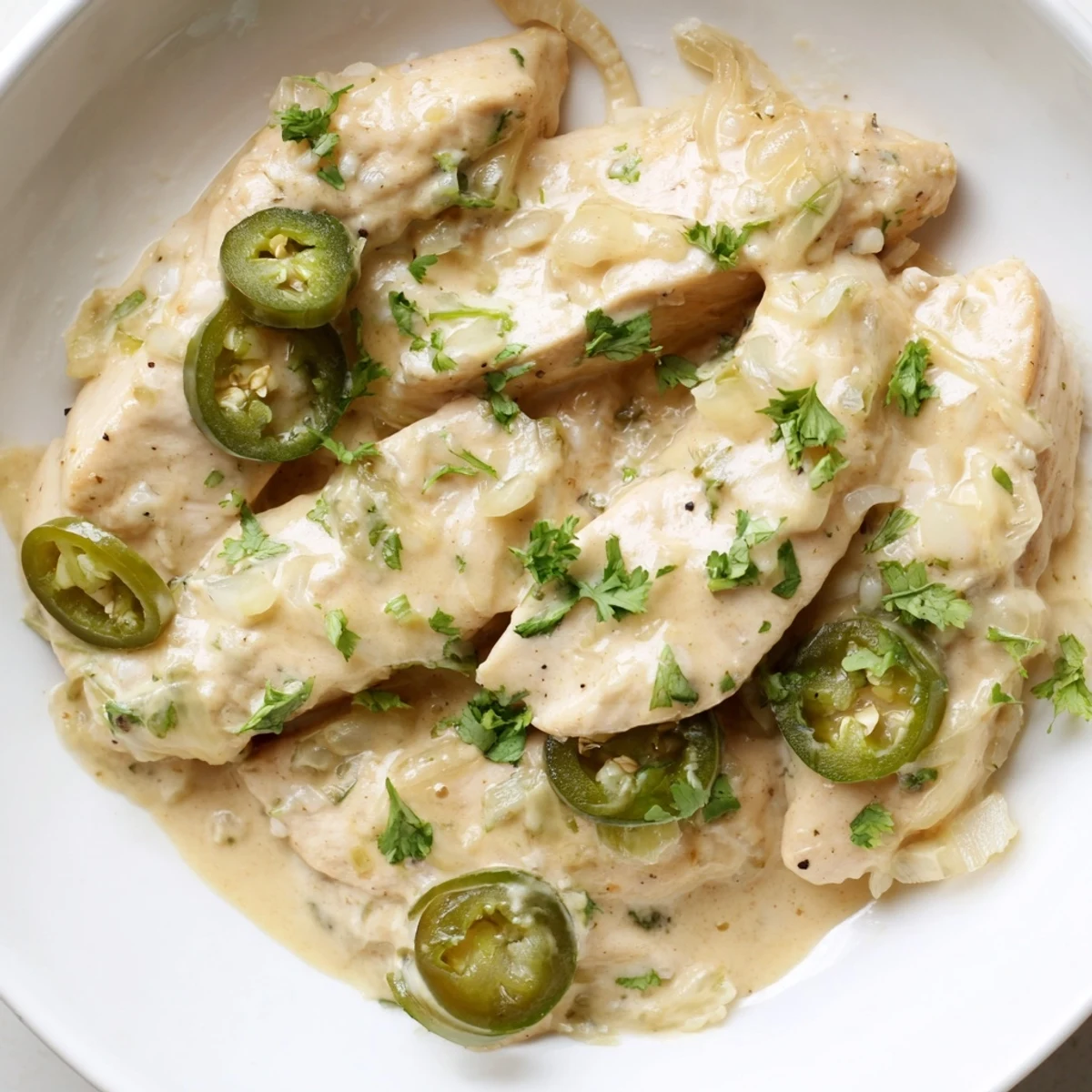 Golden jalapeno chicken breasts smothered in creamy, spicy cheese sauce with fresh cilantro garnish