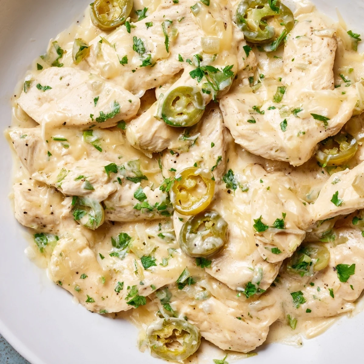 Tender sliced jalapeno chicken resting in rich, velvet cream sauce with sautéed onion strips