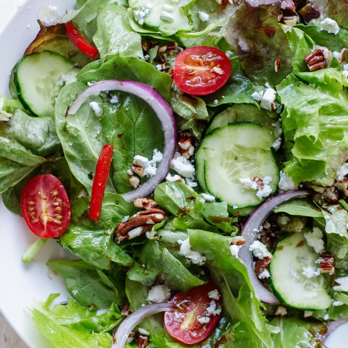 A vibrant spring mix salad recipe topped with juicy tomatoes and crumbled feta cheese