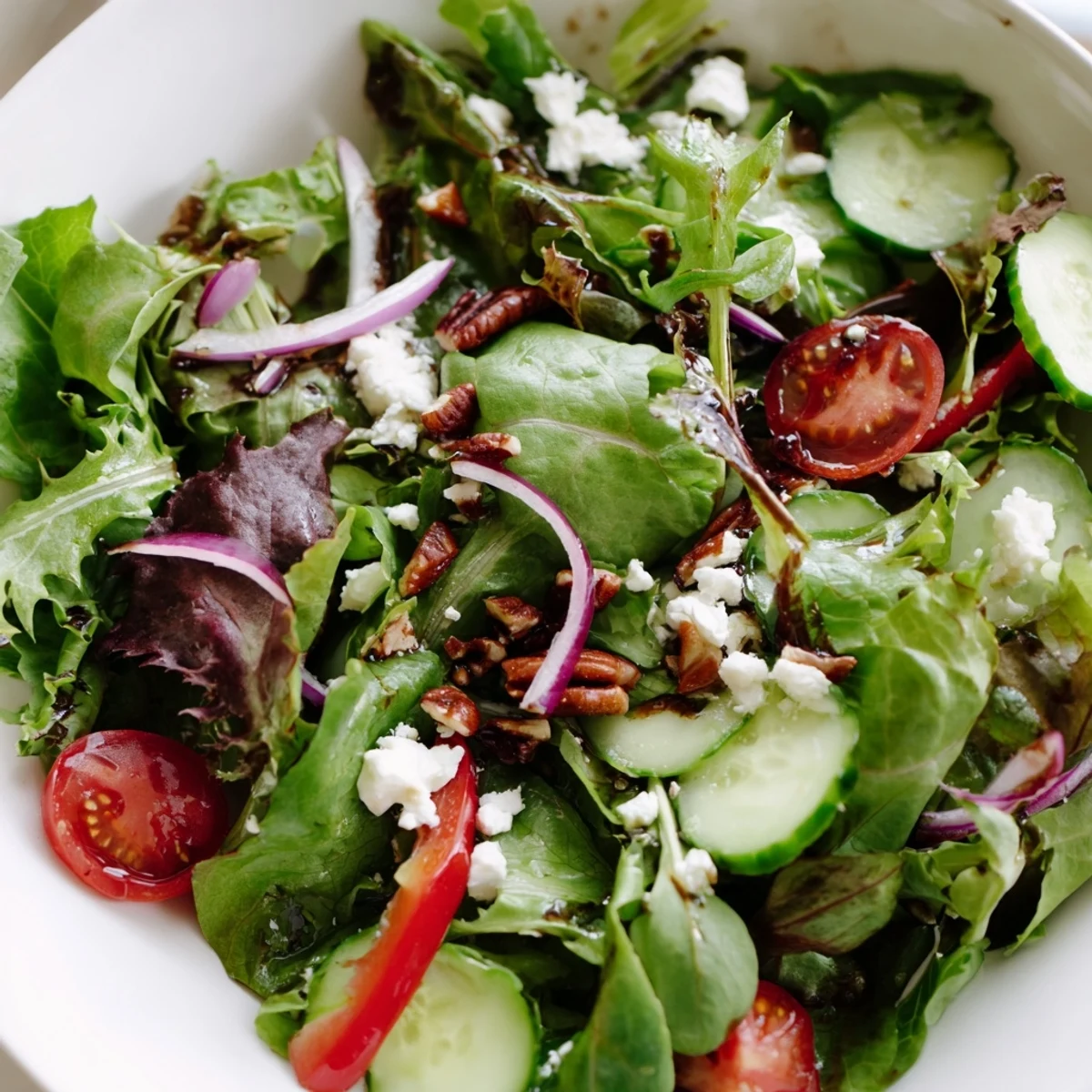 Fresh spring mix salad recipe featuring crisp cucumbers, colorful bell peppers, and tangy balsamic dressing