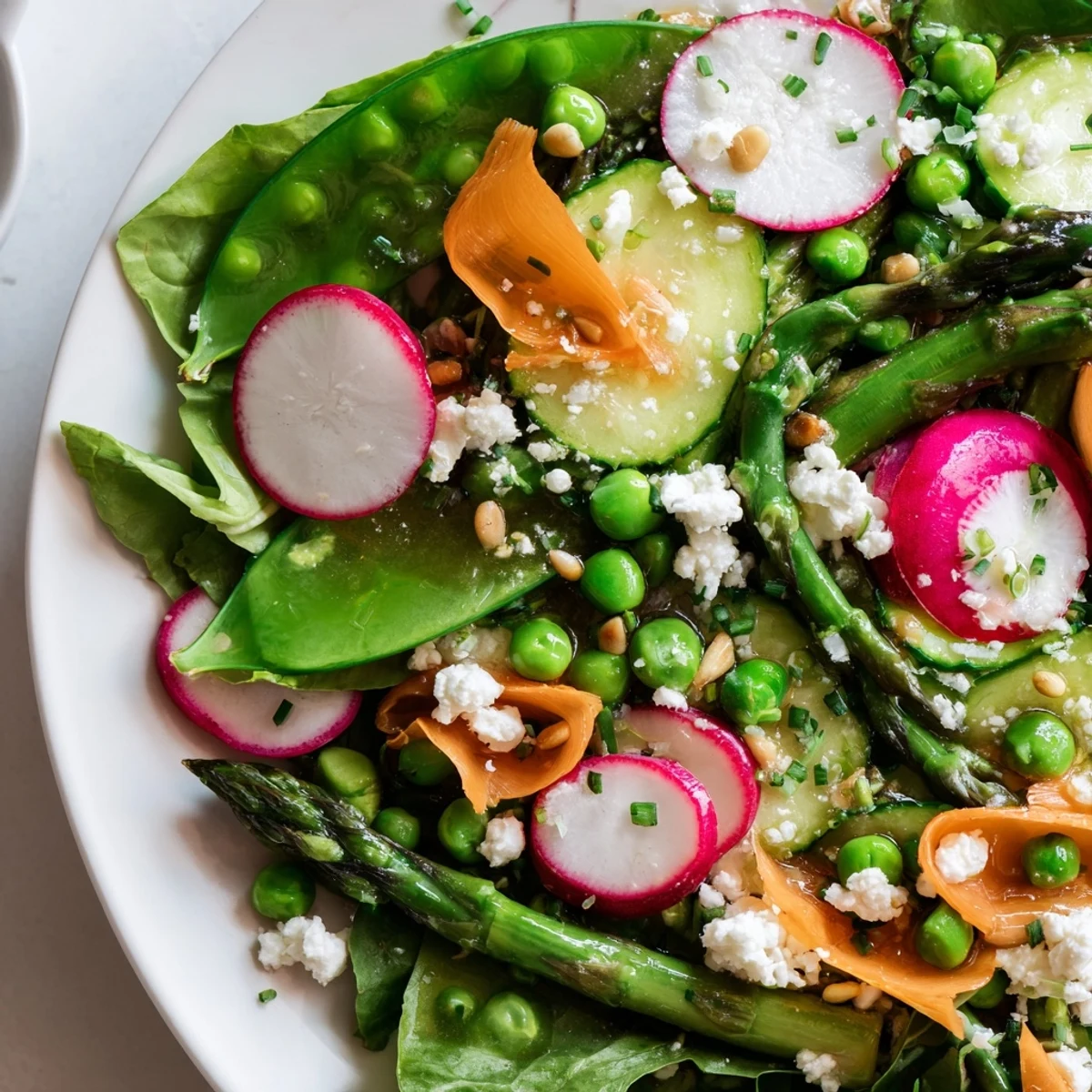 Bright Spring Salad with crisp greens, radishes, and citrus vinaigrette in a rustic serving bowl