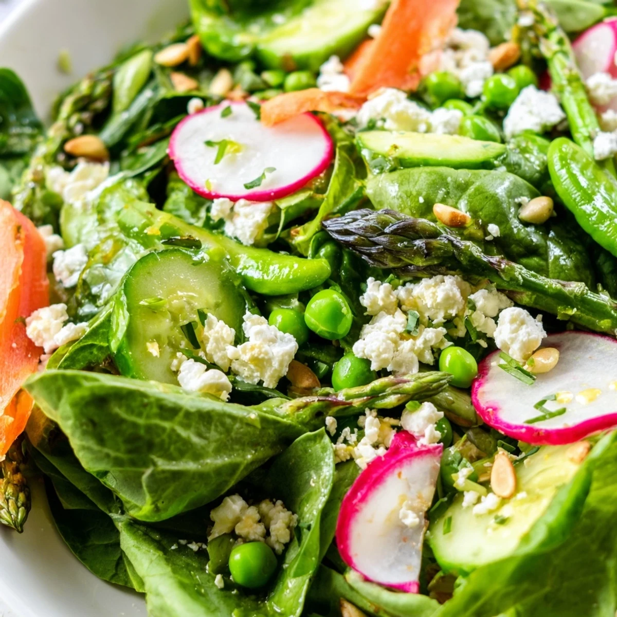 Tender asparagus and baby spinach bright spring salad topped with creamy feta cheese