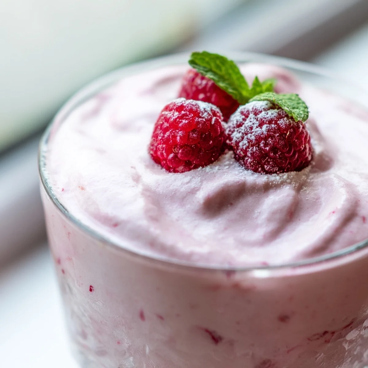 Creamy Fresh Raspberry Cloud Mousse topped with bright berries in elegant glass serving cups