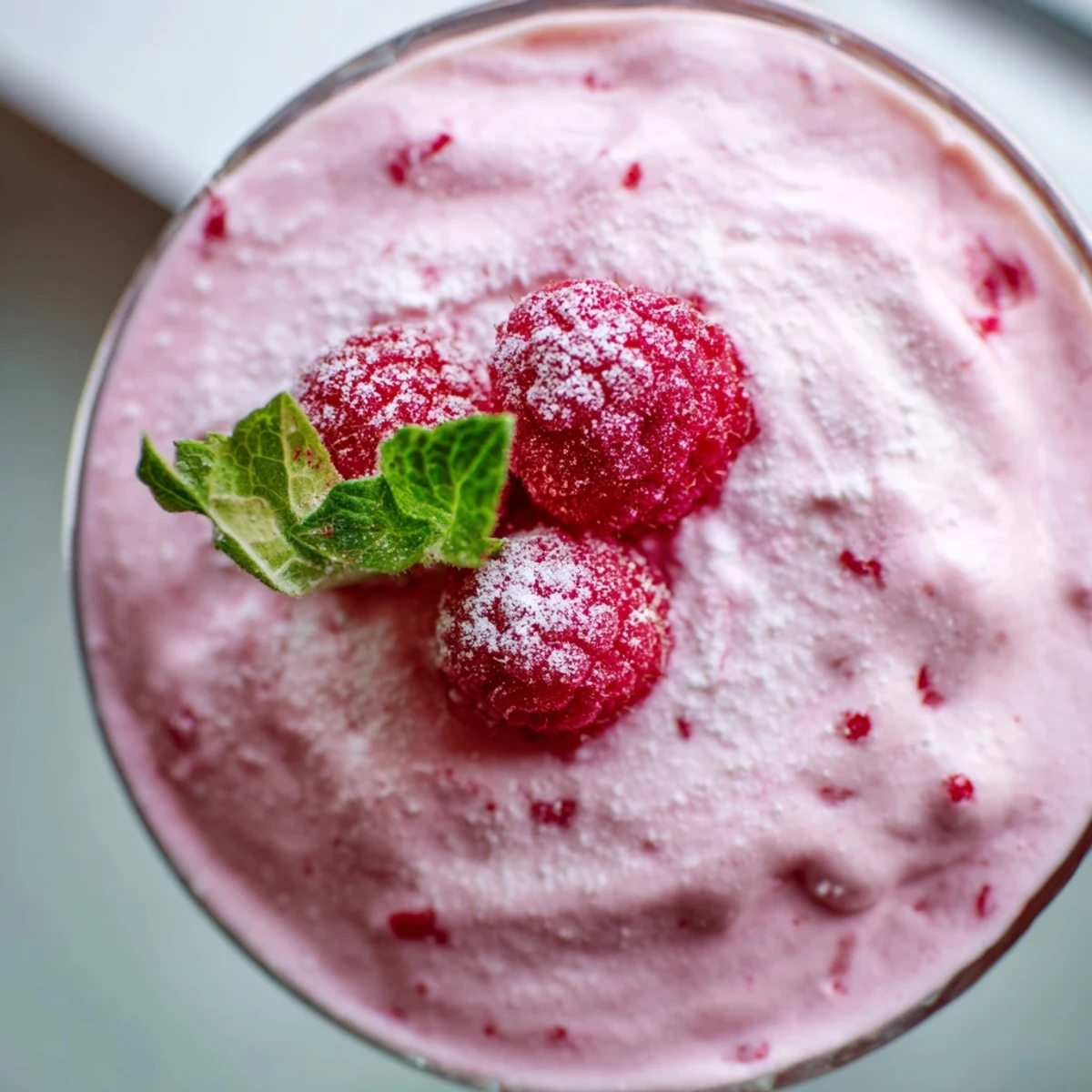Light and airy Fresh Raspberry Cloud Mousse spooned into glasses with fresh raspberry garnish