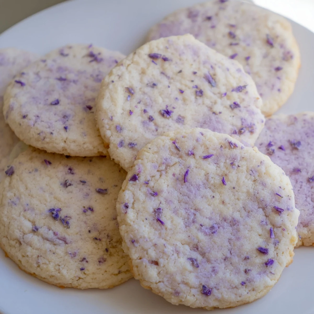 Soft lilac sugar cookies with pale purple edges cooling on a wire rack