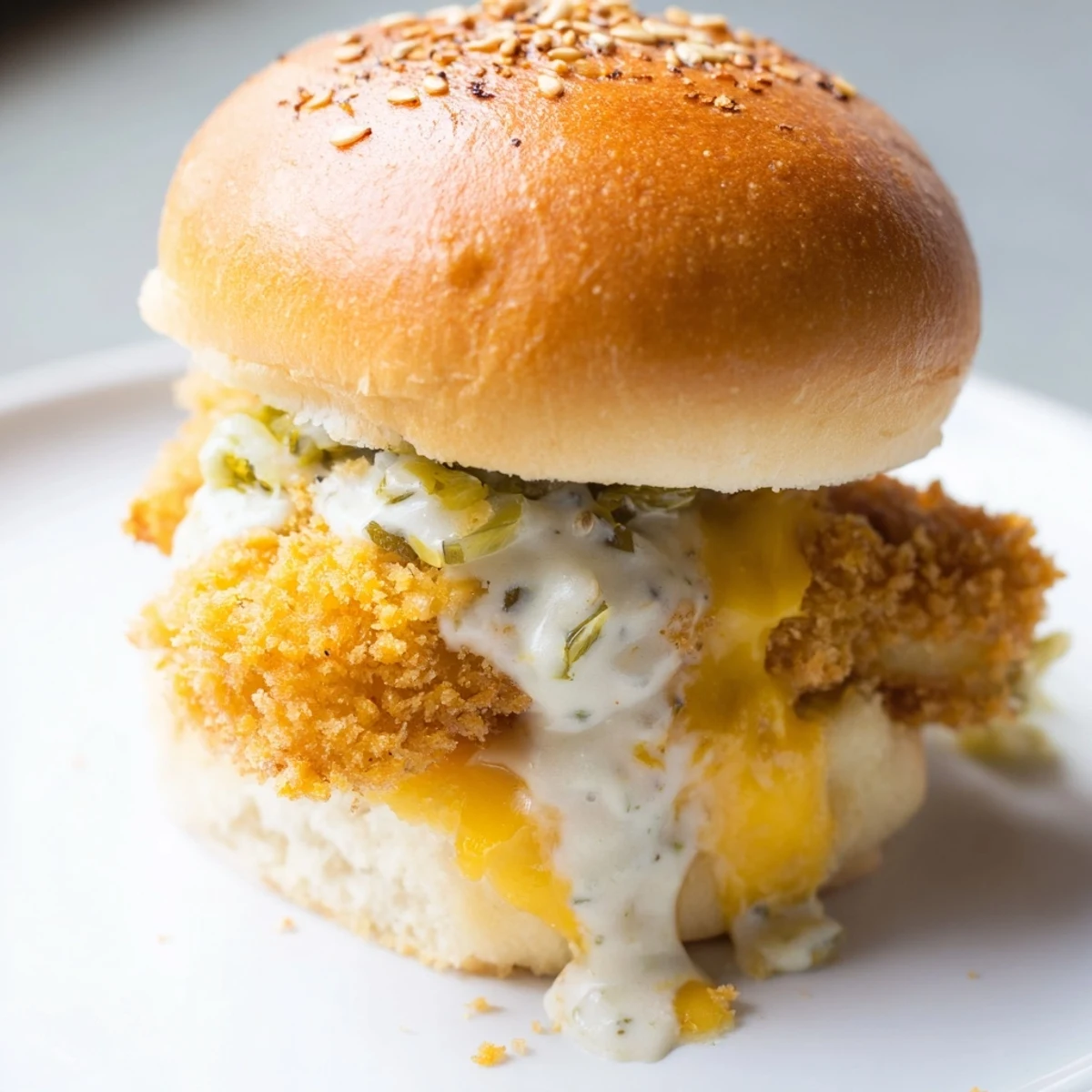 Golden crispy Filet O Fish Sliders topped with melted cheese and creamy tartar sauce on toasted buns