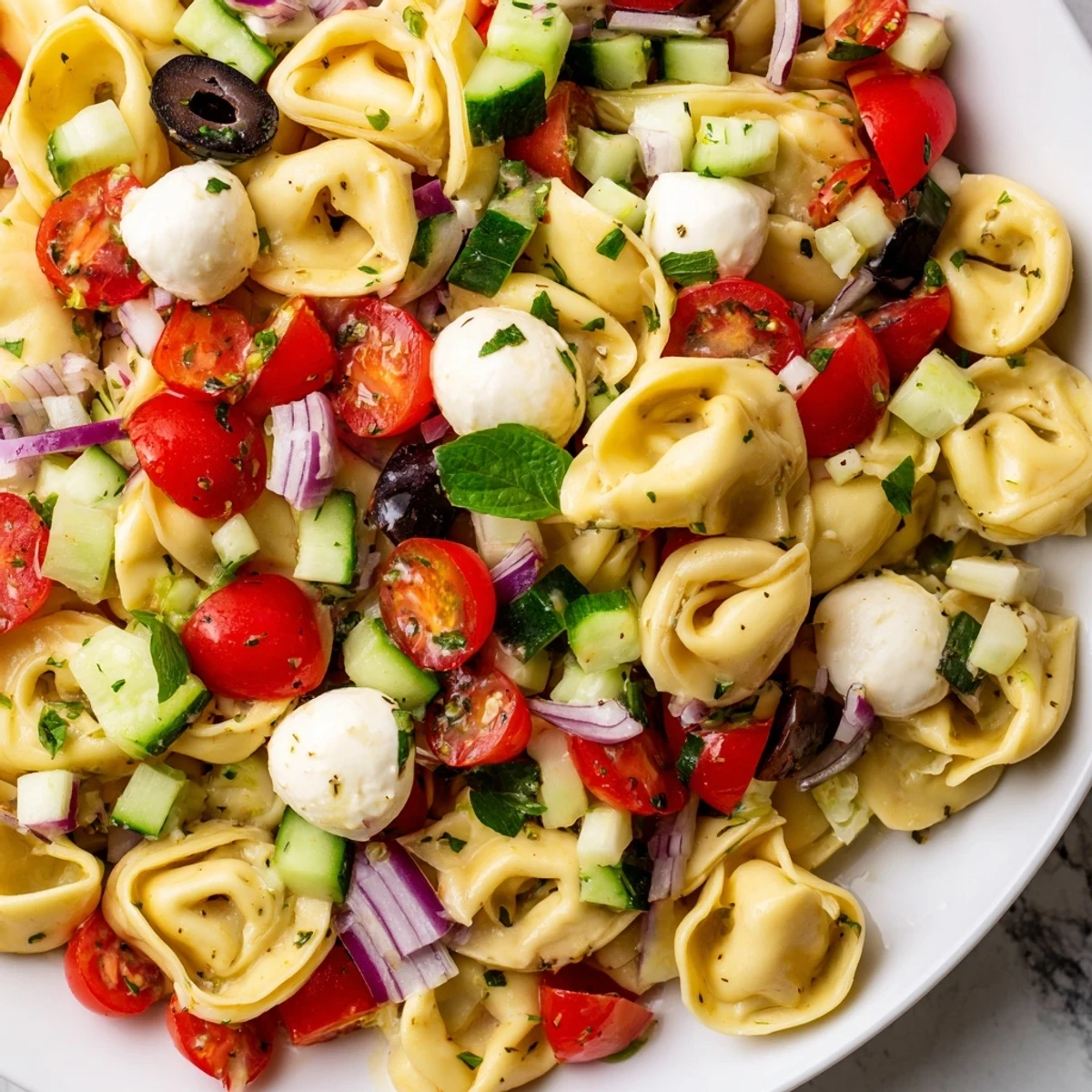 Colorful tortellini pasta salad in a serving bowl with cherry tomatoes, cucumber, and olives