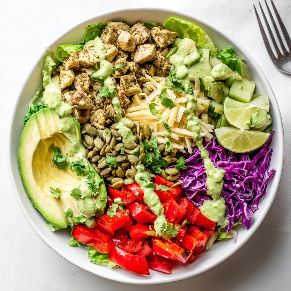 Keto bowls featuring crisp romaine, bell peppers, and tender spiced chicken drizzled with dressing