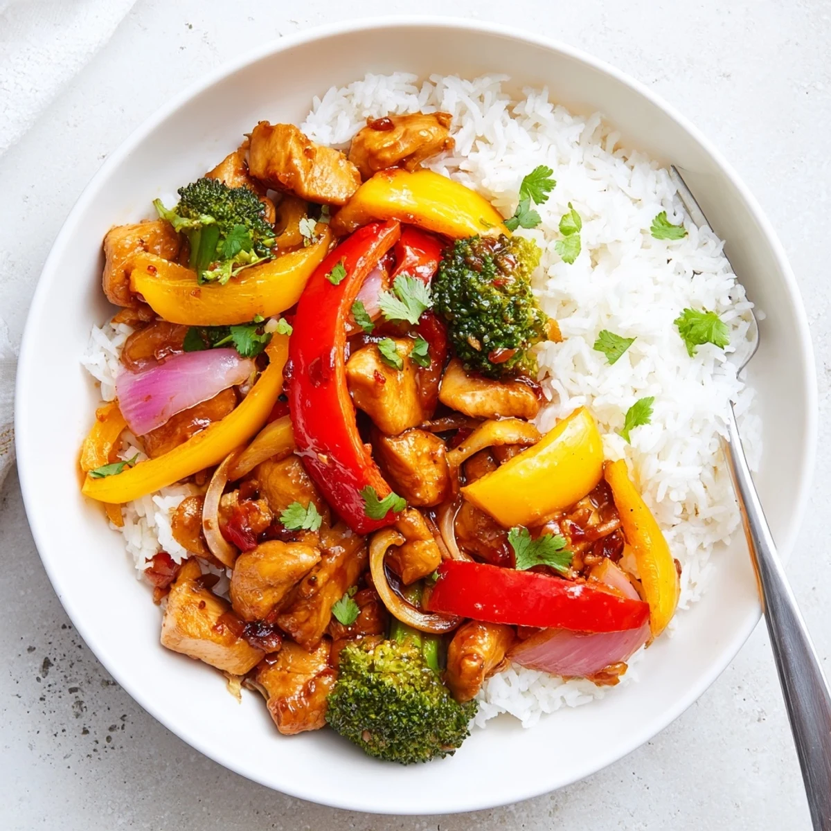 Colorful chicken vegetable stir fry sizzling in a wok with glossy sauce coating every bite