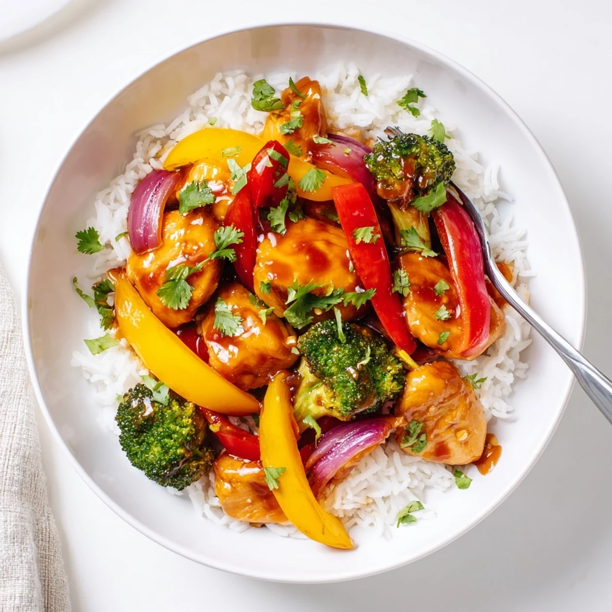 Quick weeknight meal served over fluffy rice with vibrant bell peppers and tender broccoli