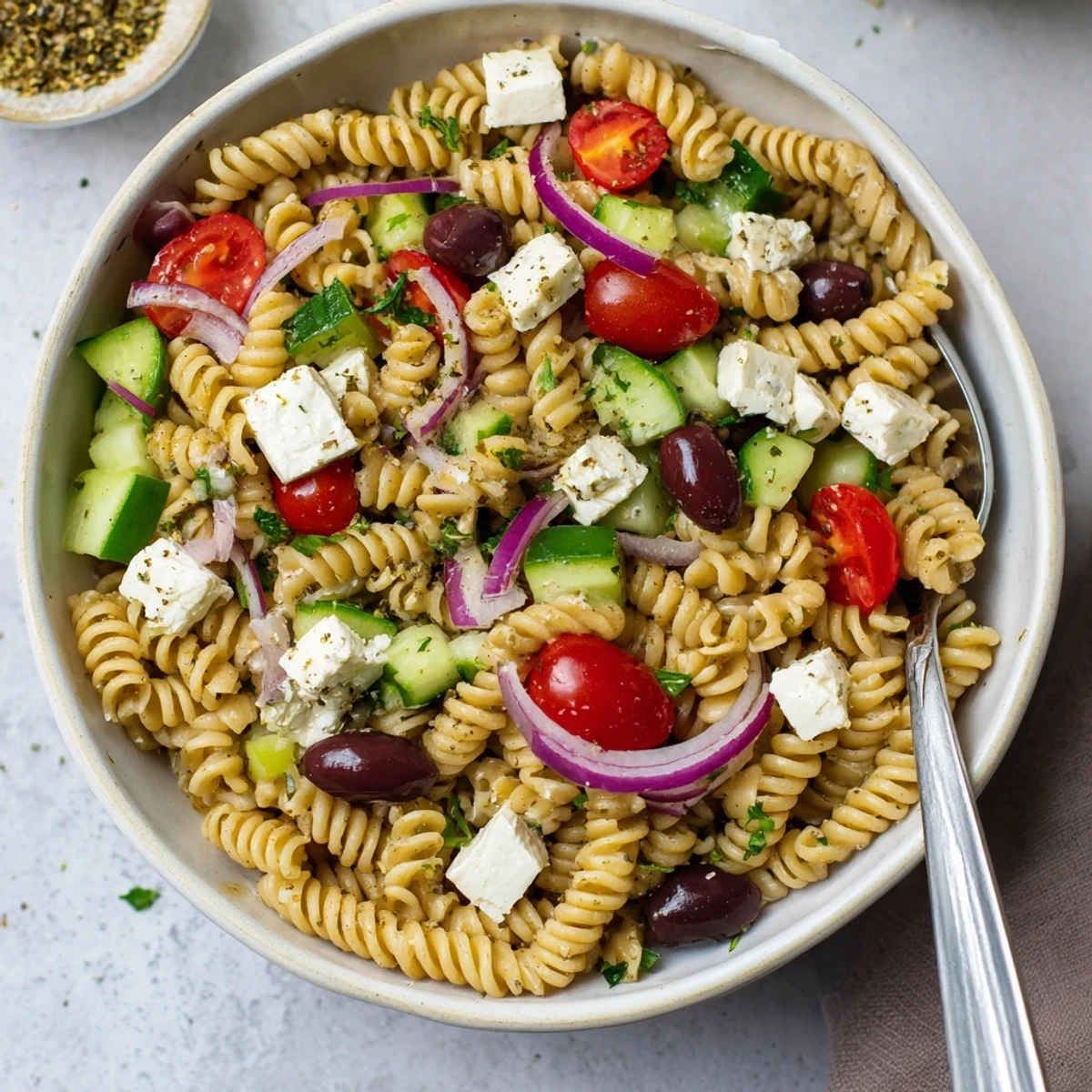Colorful Greek pasta salad loaded with crisp cucumbers, tomatoes, olives, and tangy feta cheese