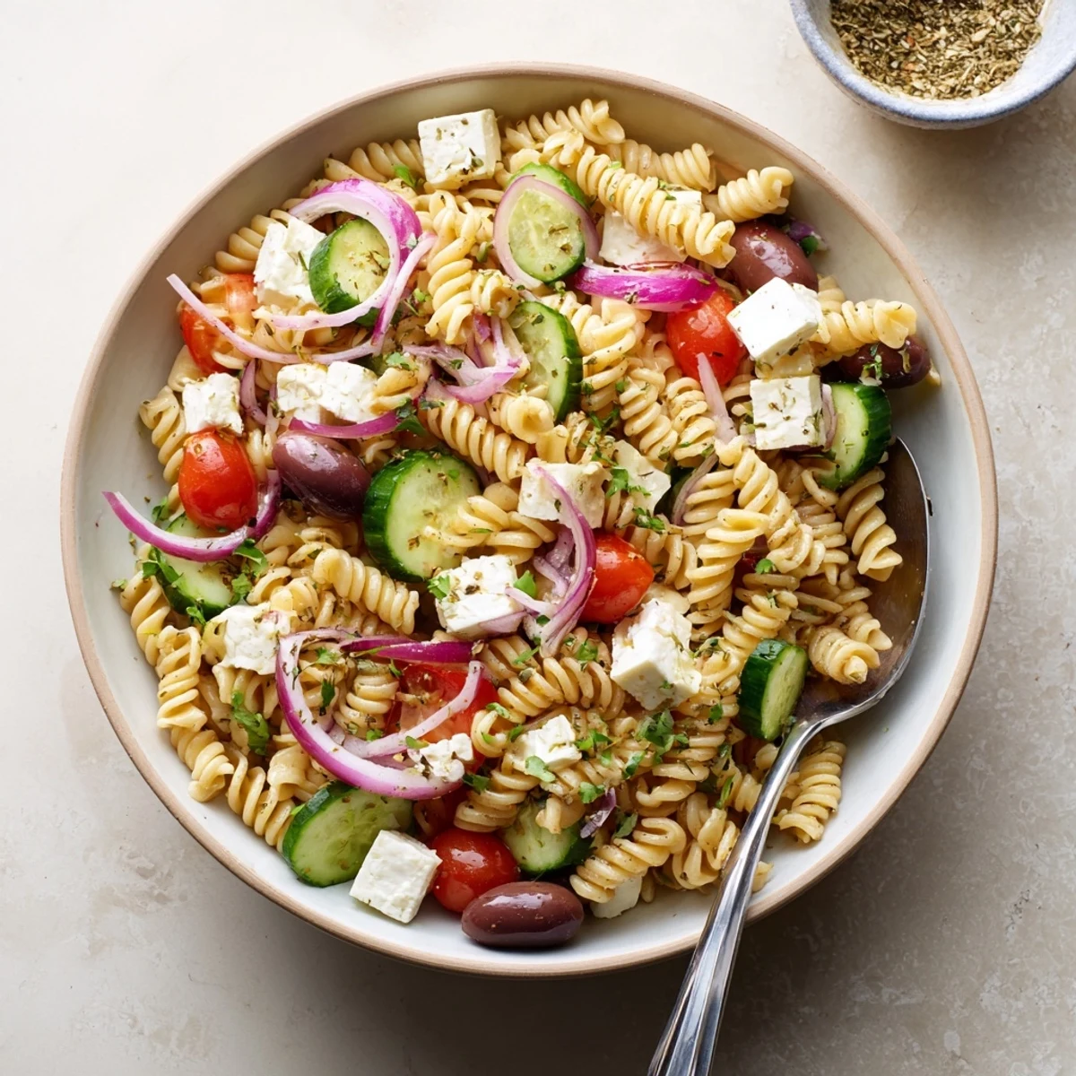 Fresh Greek pasta salad in a white bowl featuring vibrant vegetables and crumbled feta