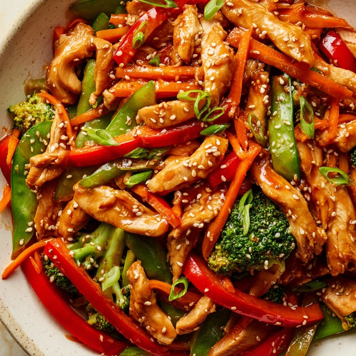 Sesame Soy Chicken Stir Fry with colorful vegetables in a glistening savory sauce.