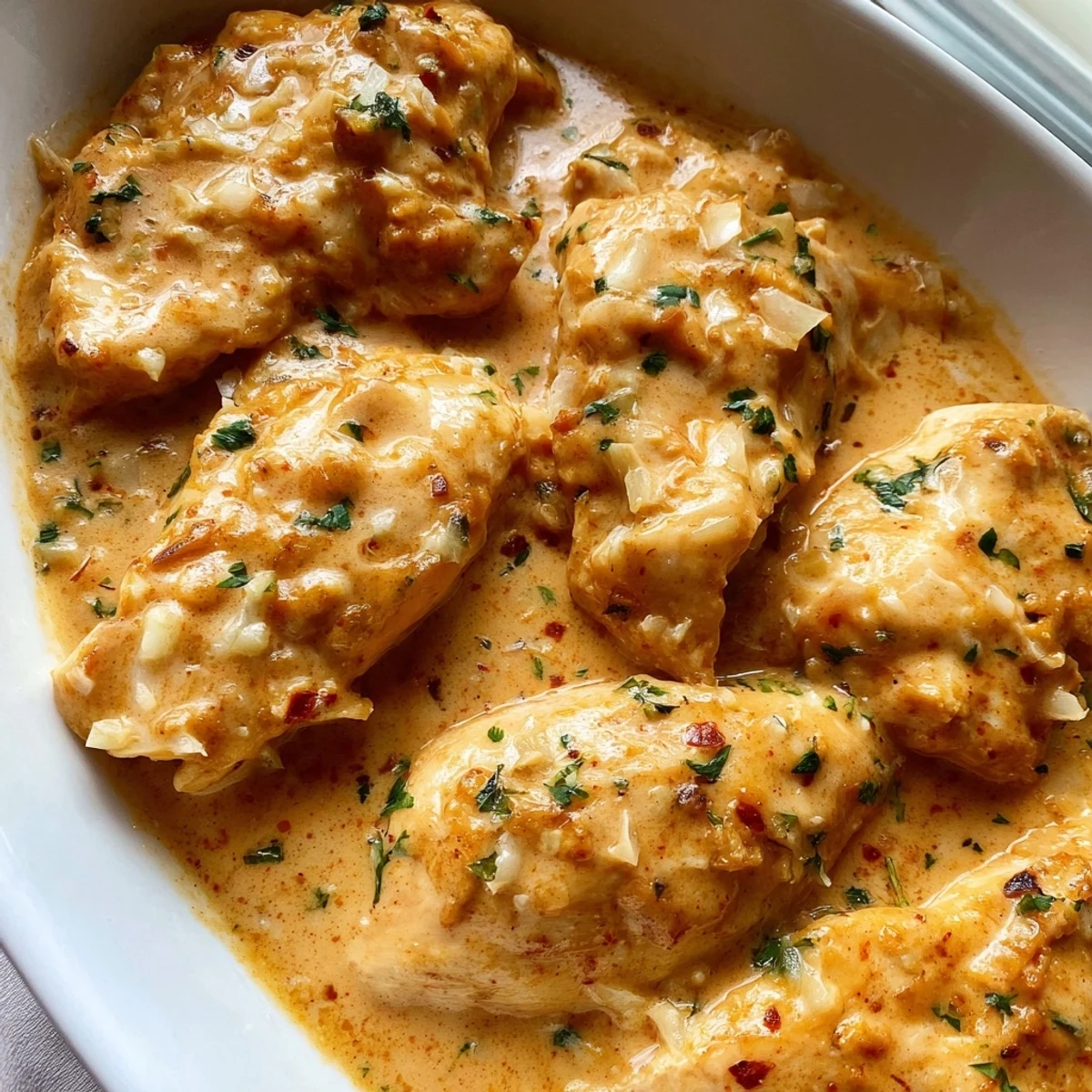 Creamy Garlic Chicken smothered in velvety Parmesan sauce with fresh parsley garnish