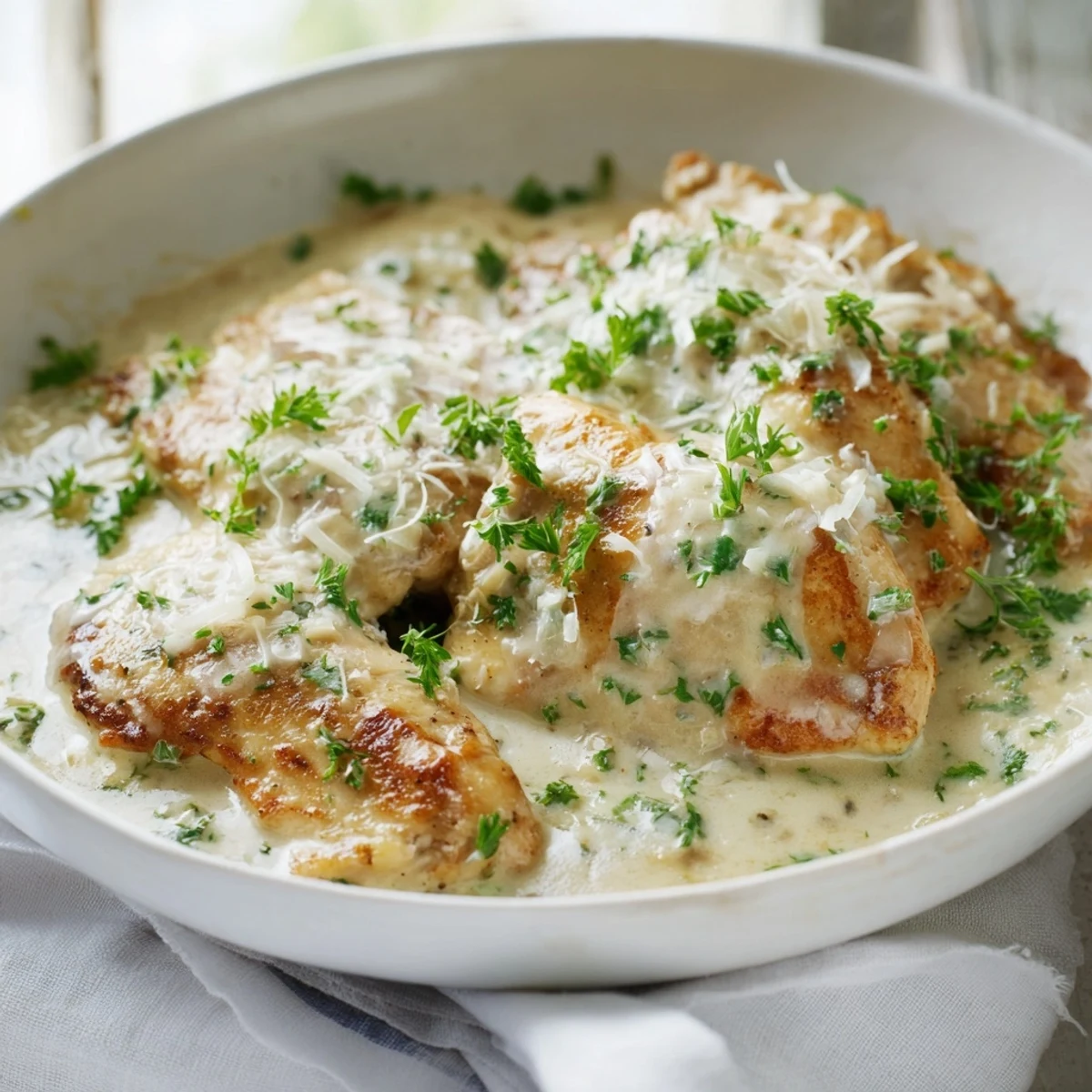 Golden seared Creamy Garlic Chicken breasts resting in rich, buttery garlic sauce