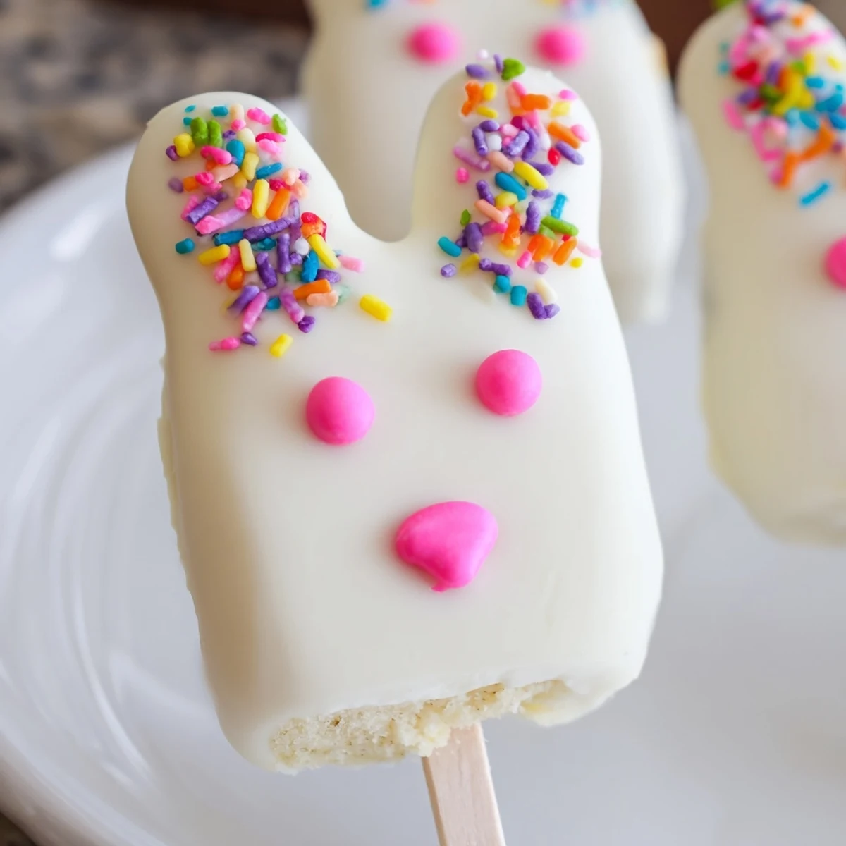 Creamy white chocolate bunny cakesicles decorated with pink ears and colorful sprinkles