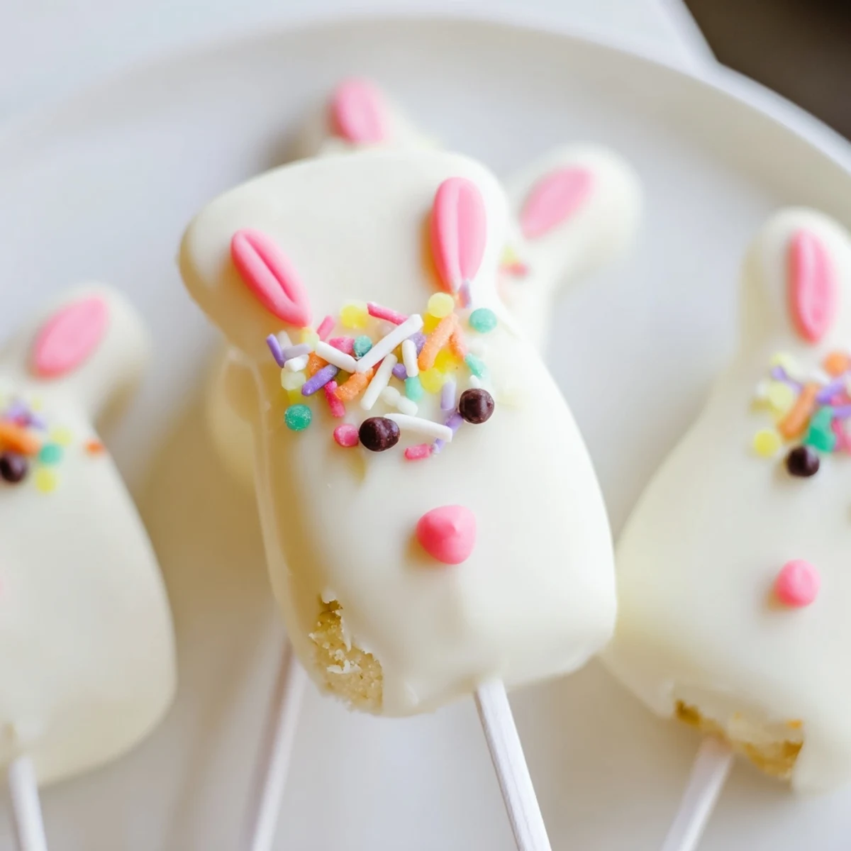 Festive bunny cakesicles dipped in smooth white chocolate for an Easter dessert table