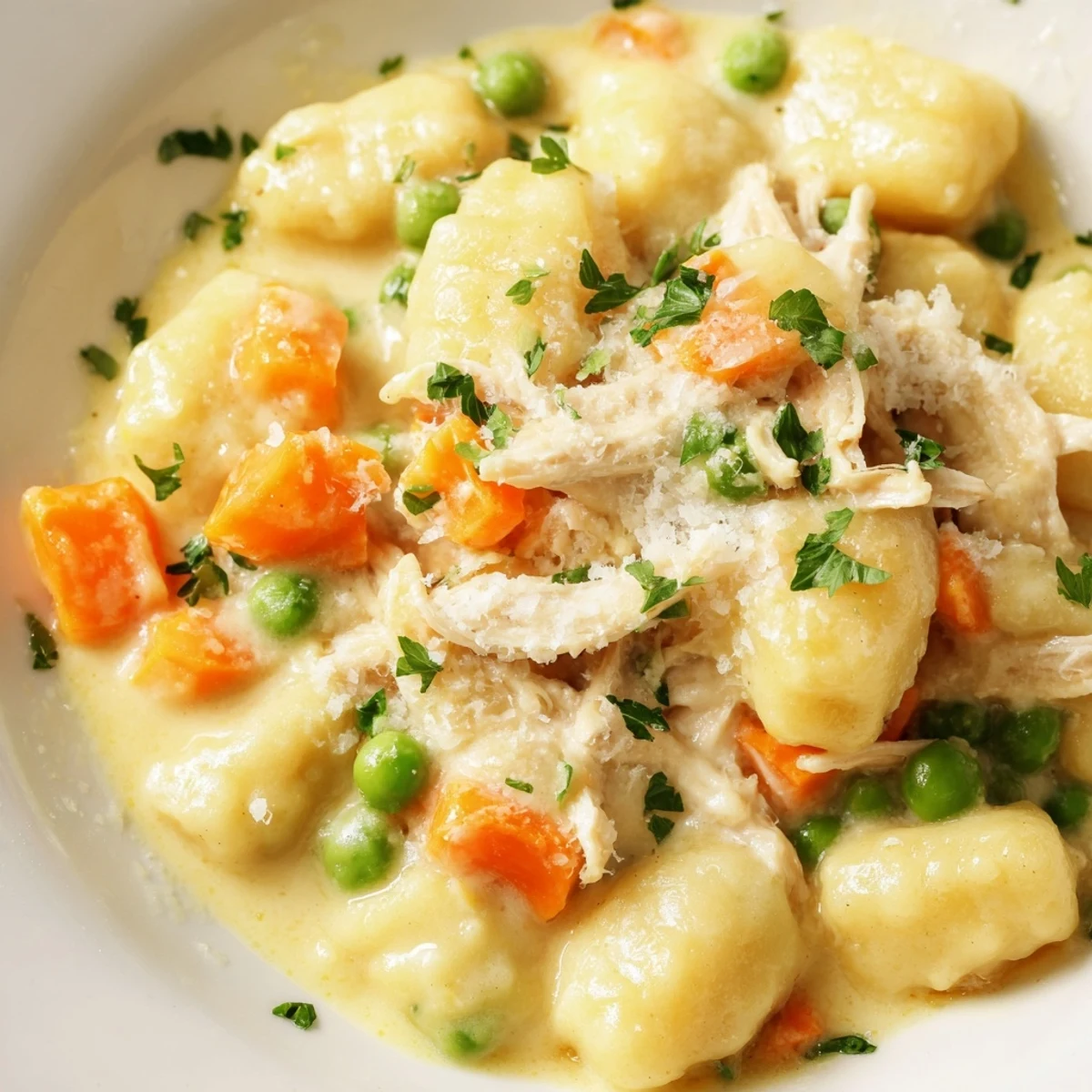 Creamy one pot gnocchi chicken pot pie in a golden skillet with tender vegetables