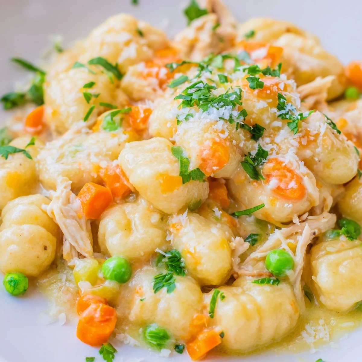 Pillowy gnocchi and shredded chicken nestled in savory herb-flecked cream sauce