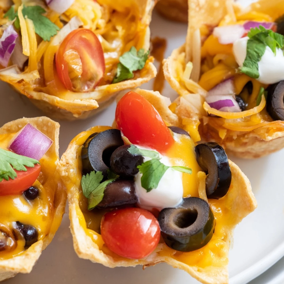 Golden cheesy nacho cups bubbling with melted cheddar and colorful fresh toppings arranged on a platter