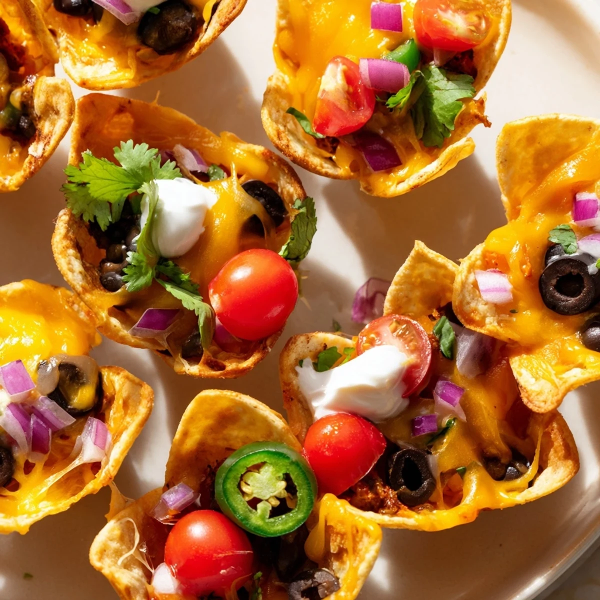 Crispy tortilla cups overflowing with gooey Monterey Jack cheese black beans and jalapeño slices ready to serve