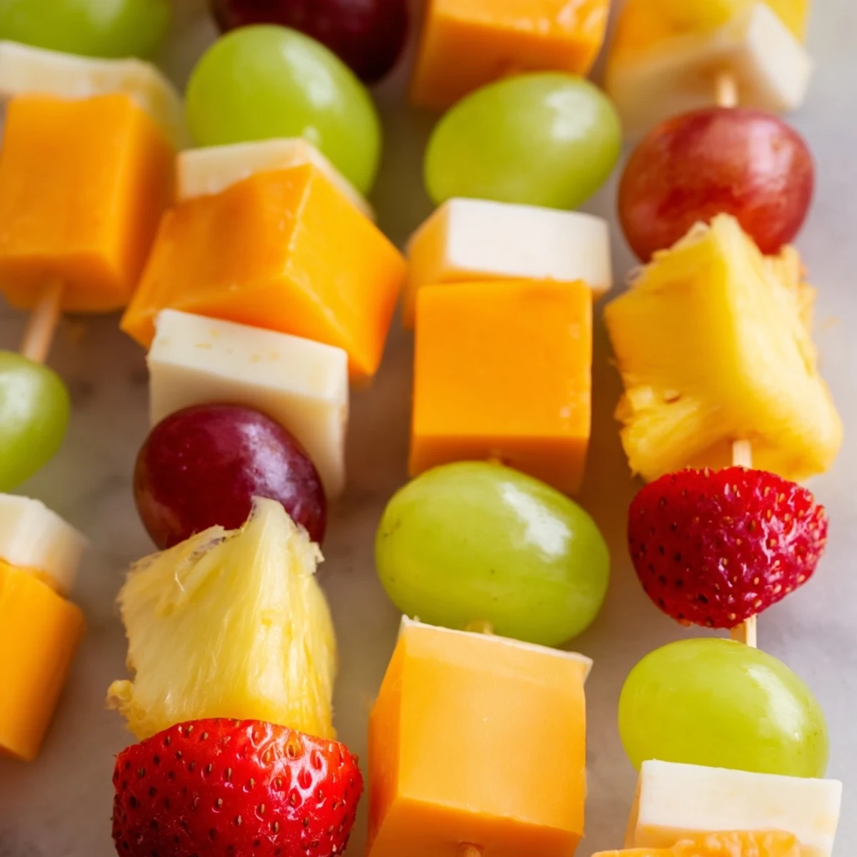 Colorful fruit and cheese kabobs arranged on a platter with ripe grapes and creamy cheddar cubes