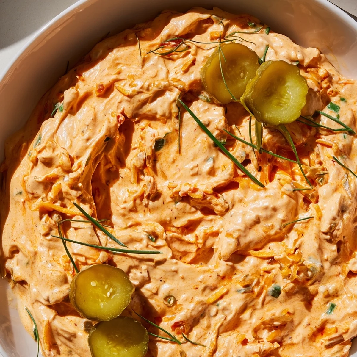 Creamy buffalo pickle dip in a serving bowl surrounded by crunchy chips and fresh veggie sticks