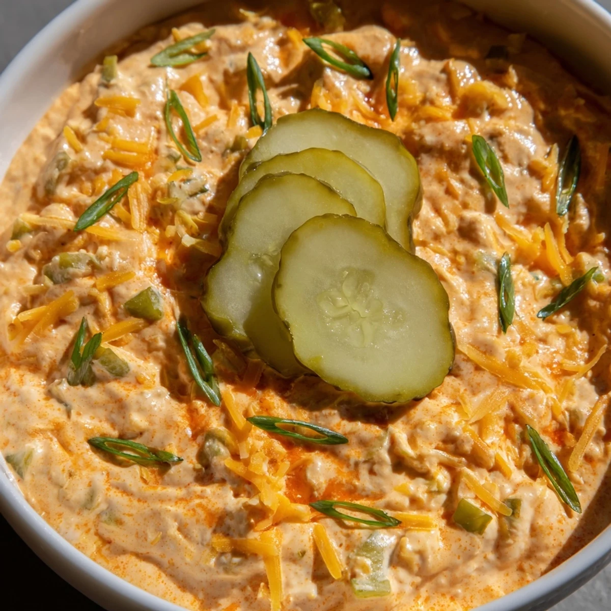 Tangy buffalo pickle dip topped with cheddar cheese and fresh chives in a rustic bowl
