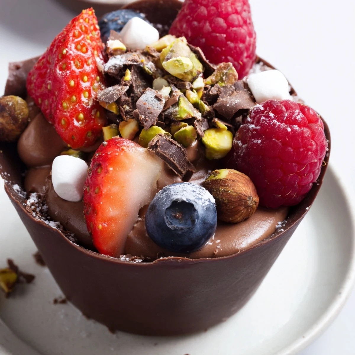 Decadent chocolate grazing cups filled with silky mousse and topped with fresh berries