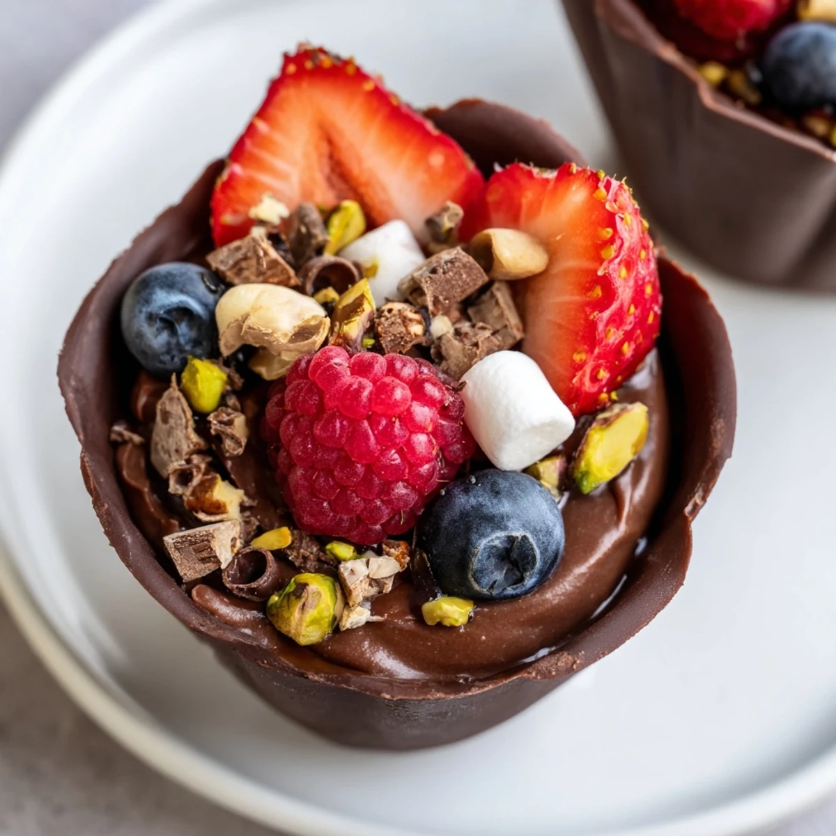 Rich chocolate grazing cups crowned with glossy berries, toasted nuts, and chocolate shavings