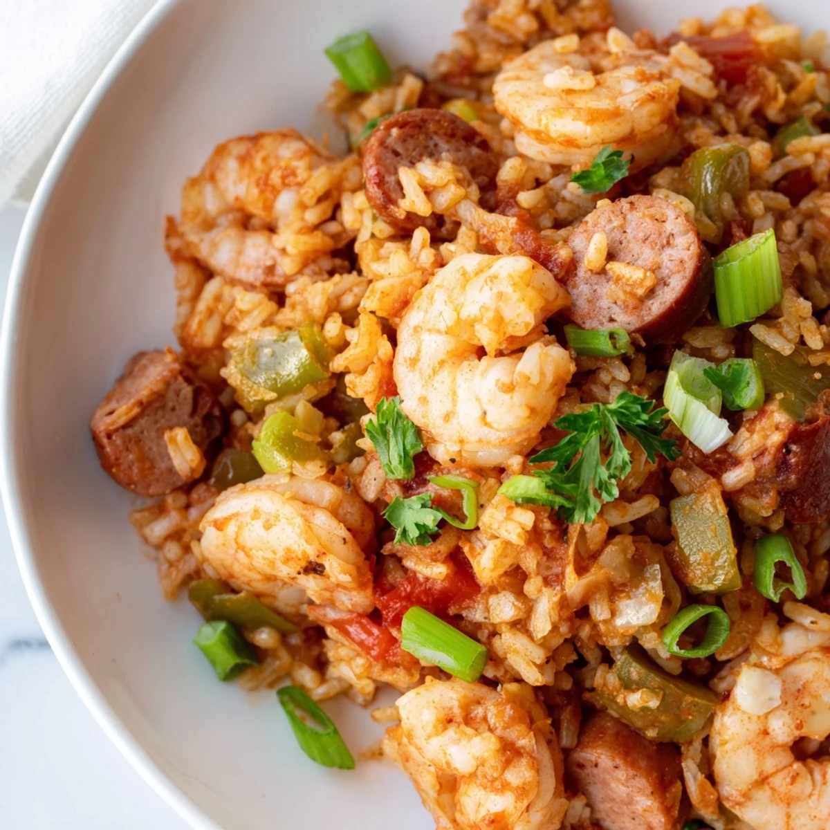 Golden shrimp and sausage dirty rice topped with fresh scallions and parsley garnish