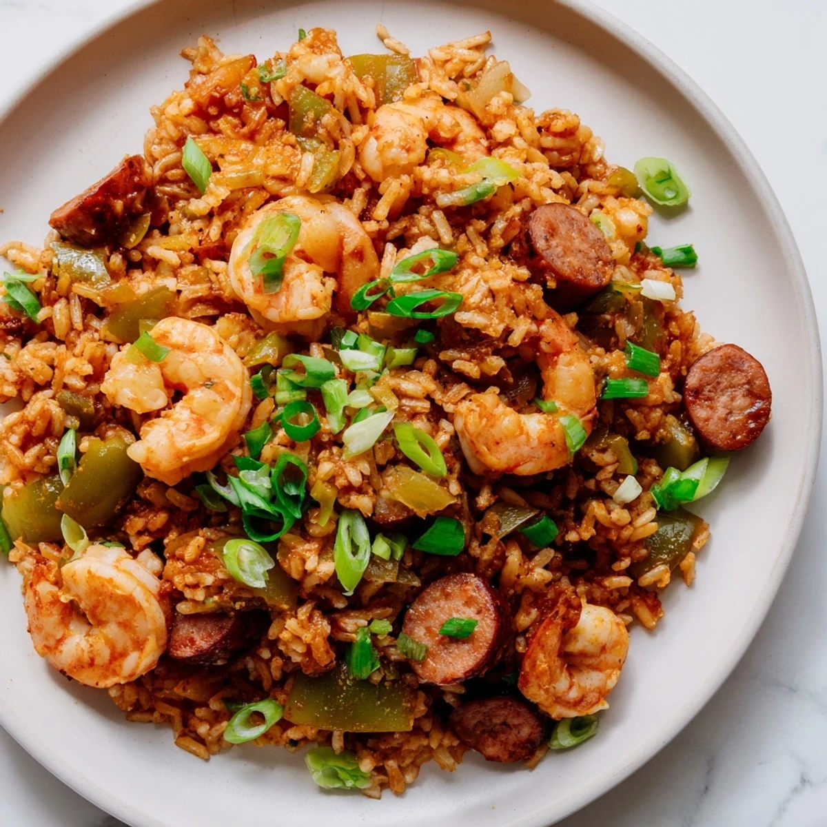 Spicy shrimp and sausage dirty rice simmering in a cast iron skillet