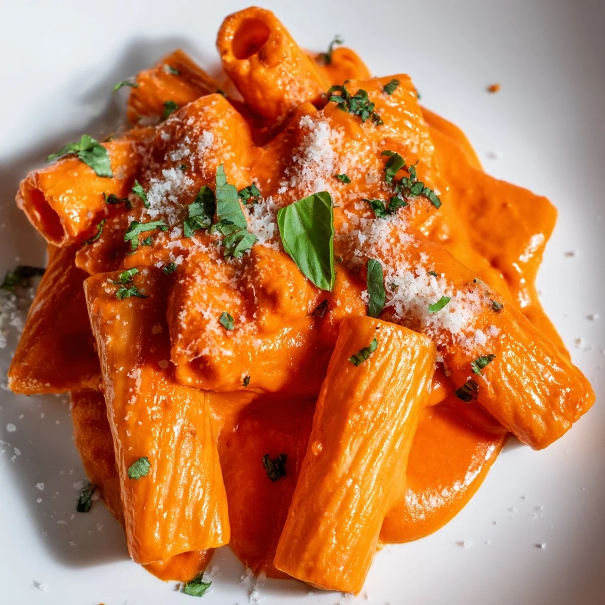 Creamy roasted red pepper pasta in a vibrant orange sauce topped with fresh basil
