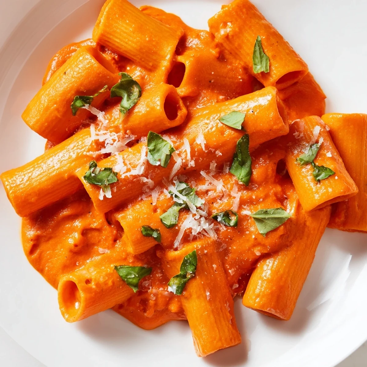 Steaming bowl of roasted red pepper pasta garnished with parmesan and green herbs