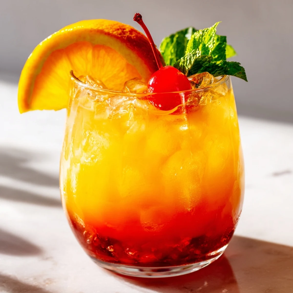 Garnished non alcoholic Mai Tai mocktail with orange, cherry, and fresh mint sprig on crushed ice