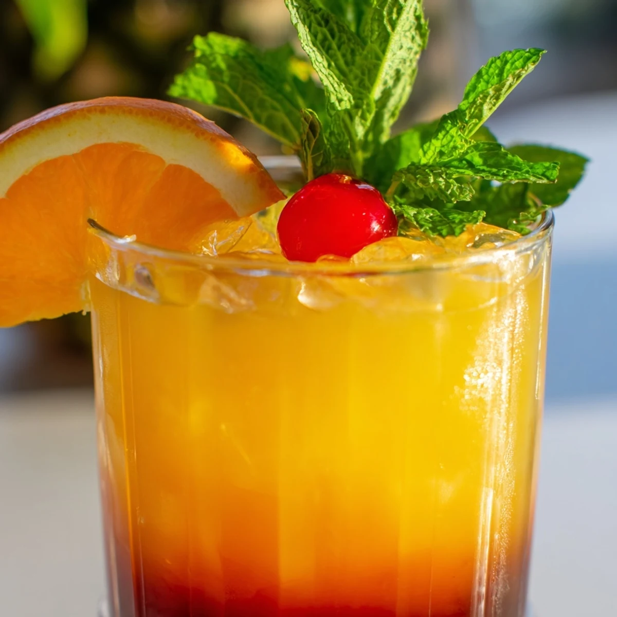 Layered non alcoholic Mai Tai in rocks glasses showing red grenadine sunset gradient effect