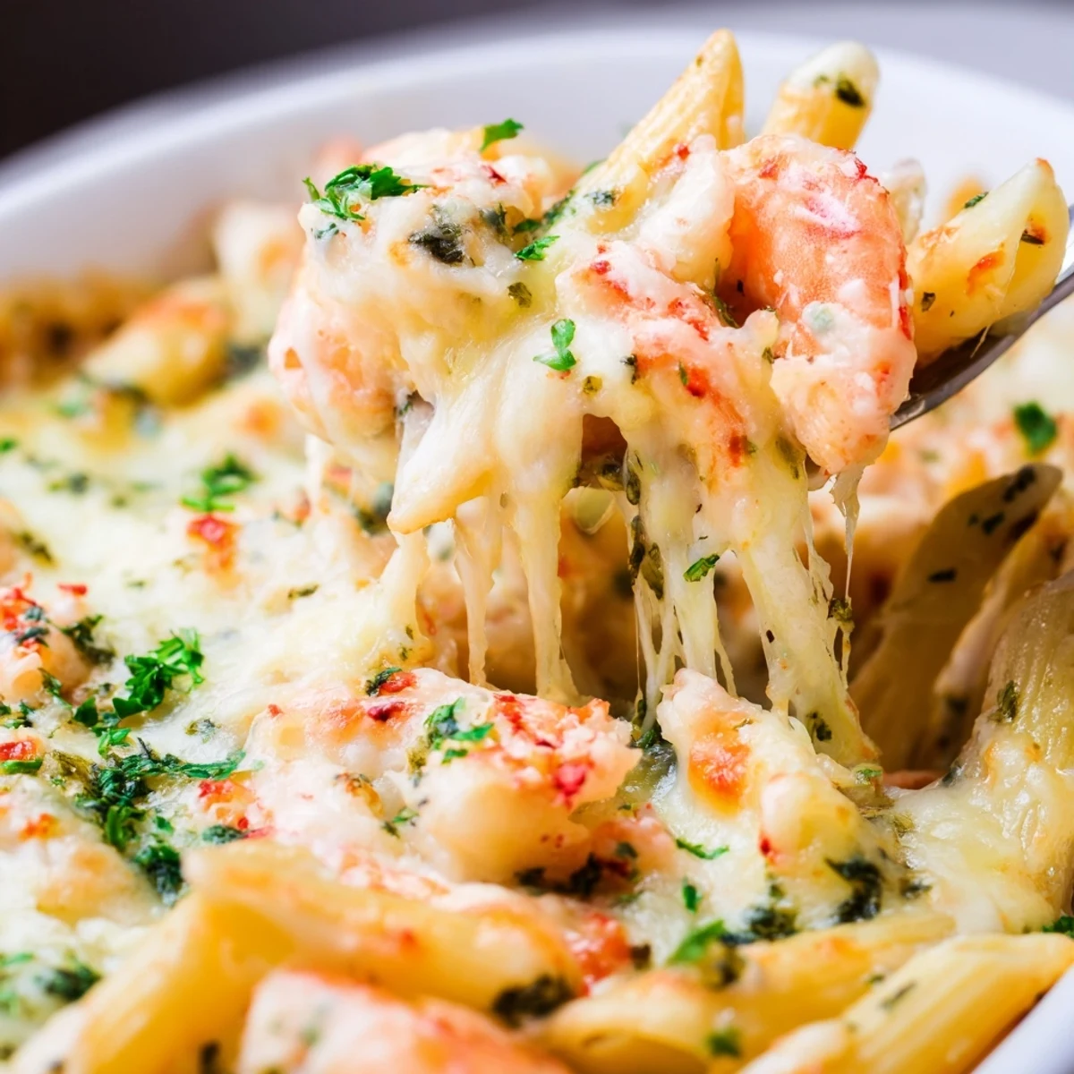 Golden shrimp scampi pasta bake bubbling with melted mozzarella and parmesan cheese topping