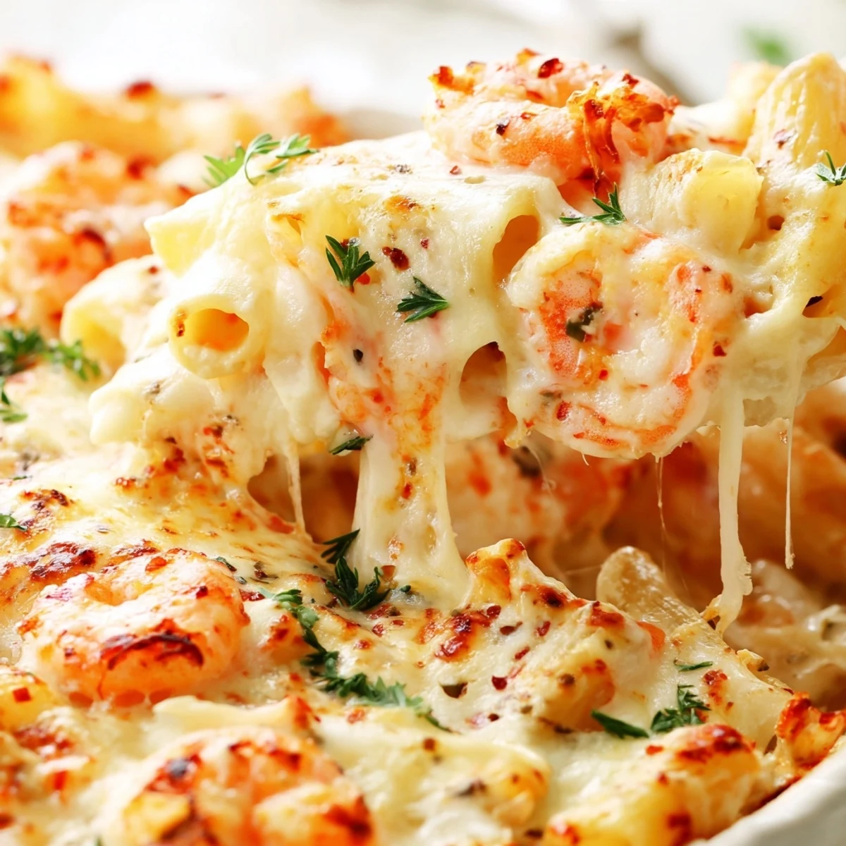 Creamy shrimp scampi pasta bake in a white ceramic dish with fresh parsley garnish