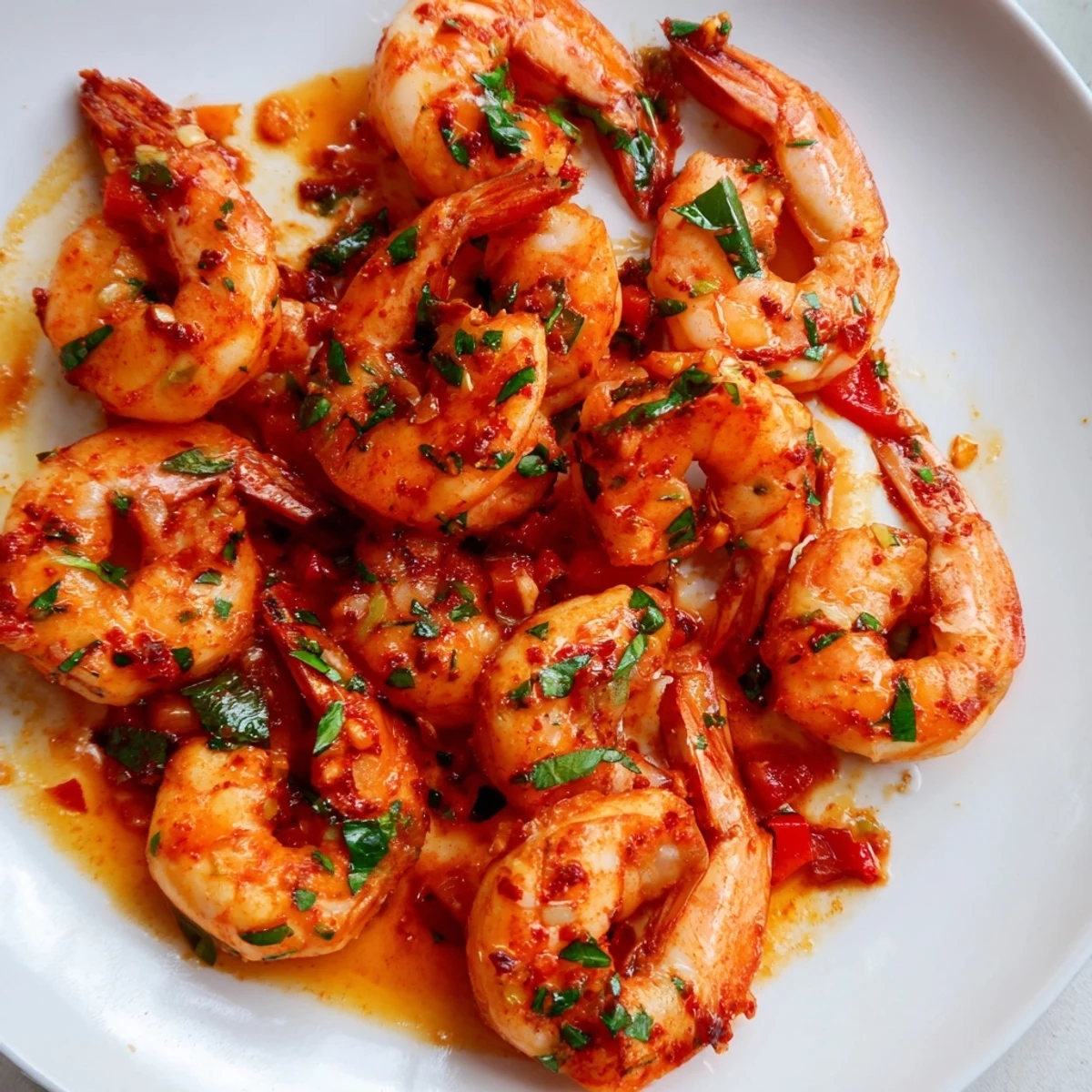 Sizzling garlic paprika shrimp skillet with pink curled shrimp in smoky spiced oil