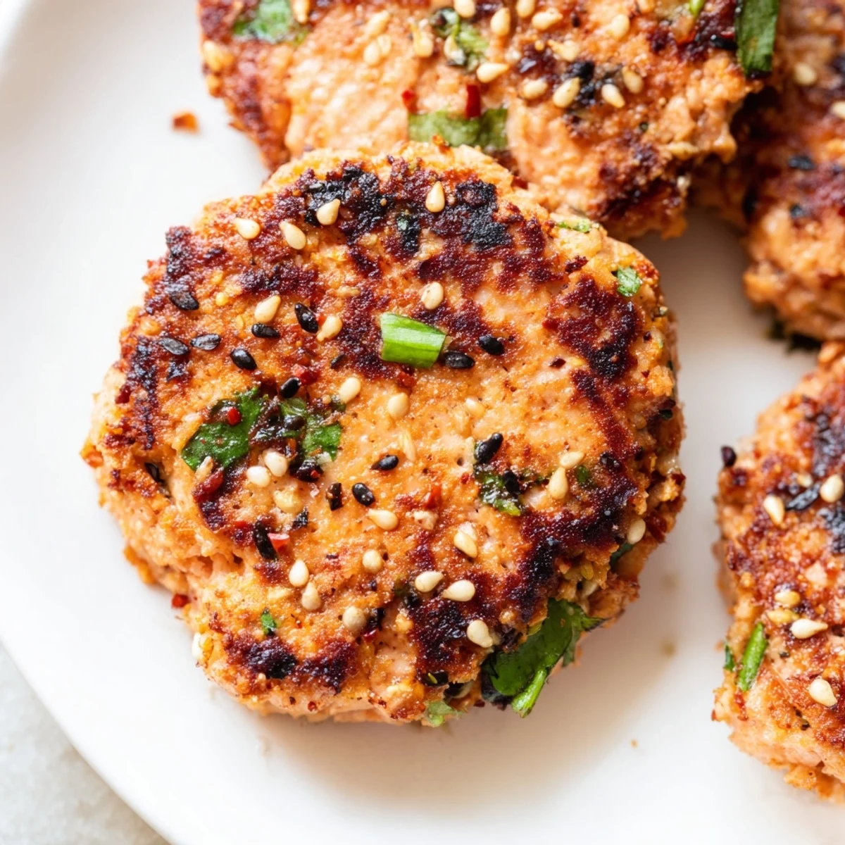 Golden crispy Harissa Sesame Salmon Patties sizzling in a skillet with sesame seed garnish